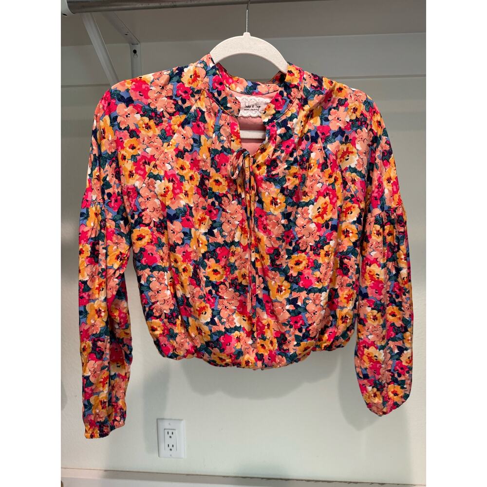 Sadie & Sage Floral Cropped‎ Blouse Bubble Sleeve Size Large